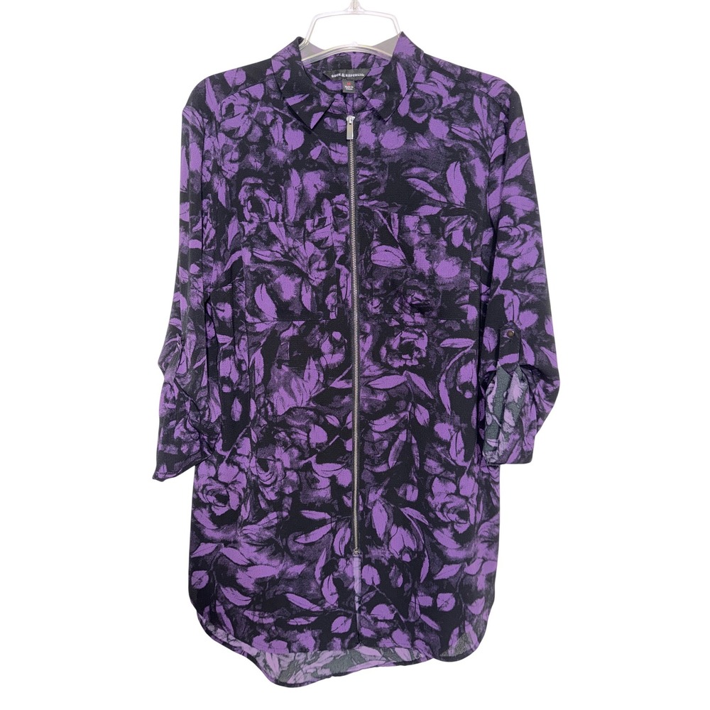 Rock & Republic Purple Floral Zip Front Tunic Top Roll Tab Sleeve Womens Medium